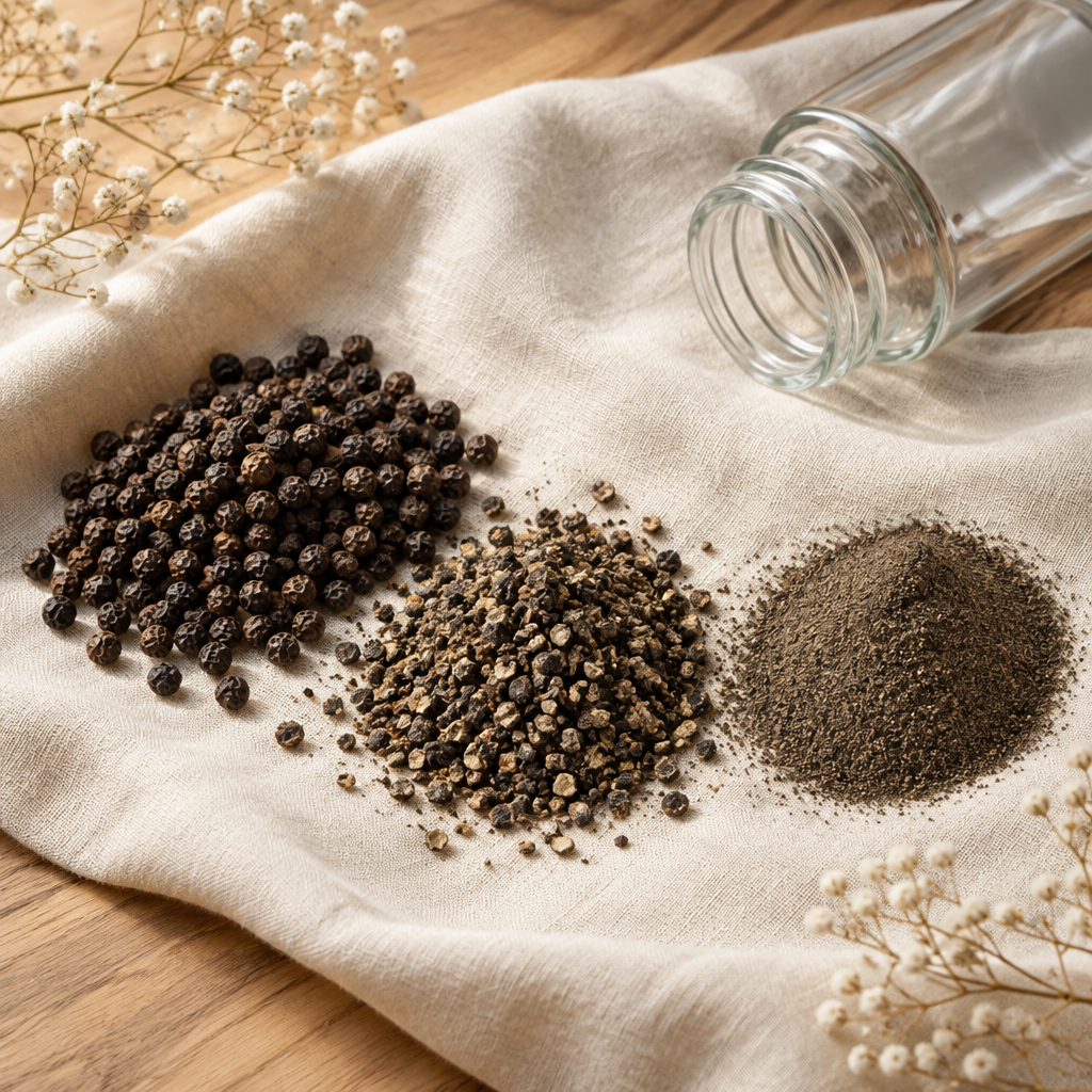 Black peppercorn, coarse pepper and powder product image