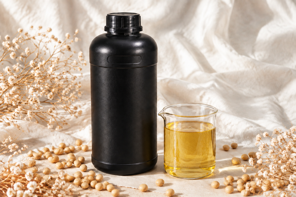 Soy Lecithin bulk bottle and beaker, transparent yellow liquid